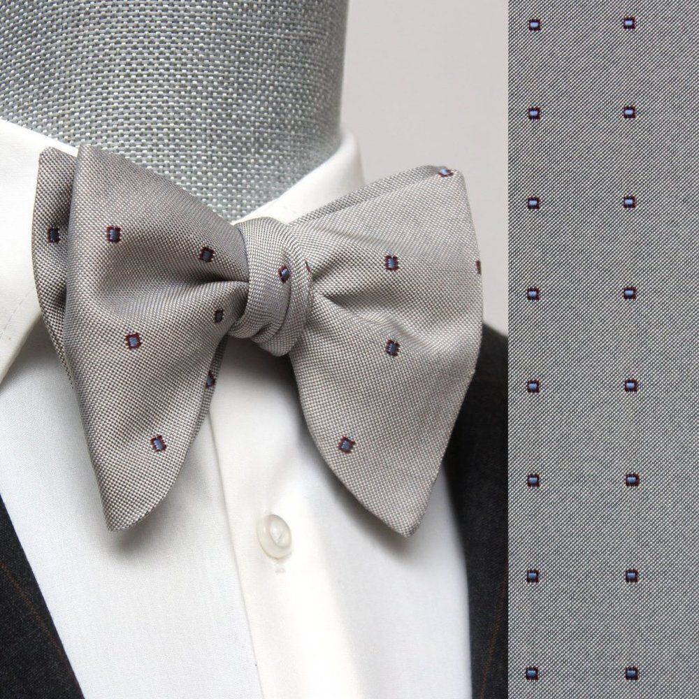 Men's Self tied Bow Tie Big bow tie Butterfly Bow tie S604 Grey Blue‎ Polka Dot